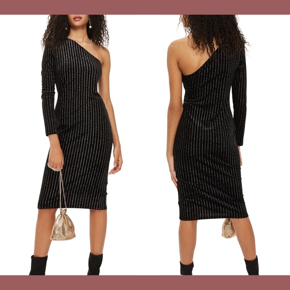 NEW‎ Topshop Glitter Stripe Velvet One-Shoulder Dress Black/Silver [SZ 4 US] - Picture 1 of 8